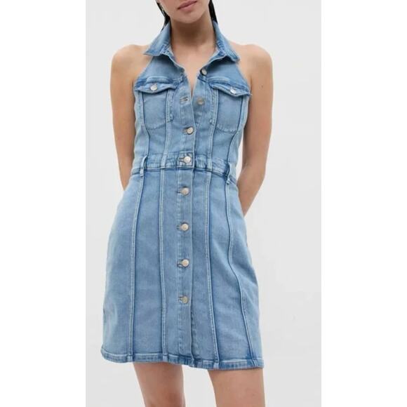 GAP Icon Denim Halter Mini Dress Light Wash 6 Petite - Picture 1 of 8
